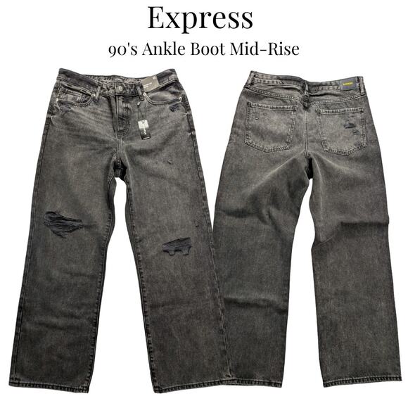 Express Jeans Womens 10 Distressed Black 90's Ankle Boot Mid-Rise Wide $98 NWT - Picture 1 of 12